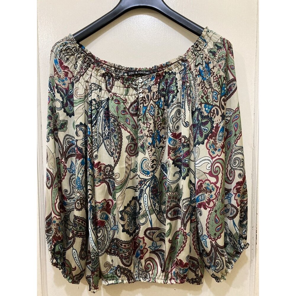 Zac & Rachel‎ Top Womens XL Beige Paisley 3/4 Sleeve Polyester Boho Artsy Flowy